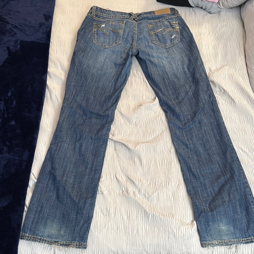 Medium Wash Blue Straight Leg Jeans with Distressing - Picture 5 of 7